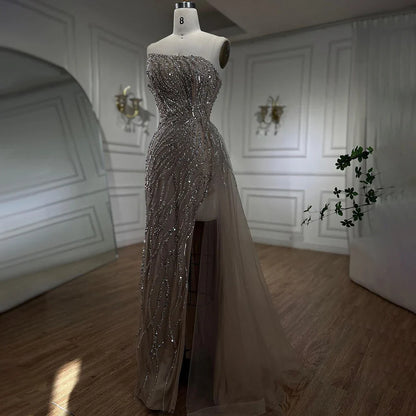Vestidos de noche elegantes de sirena árabe rosa de lujo con cuentas y sin tirantes 2025 para mujer fiesta LA71795 