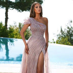 Arabic Pink Mermaid One Shoulder Sexy High Split Beaded Evening Dresses Gowns For Women Wedding Party 2025 LA71967