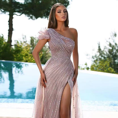 Vestido de noche árabe rosa de sirena, un hombro, sexy, con abertura alta y cuentas, para mujer, para boda, fiesta, 2025, LA71967 