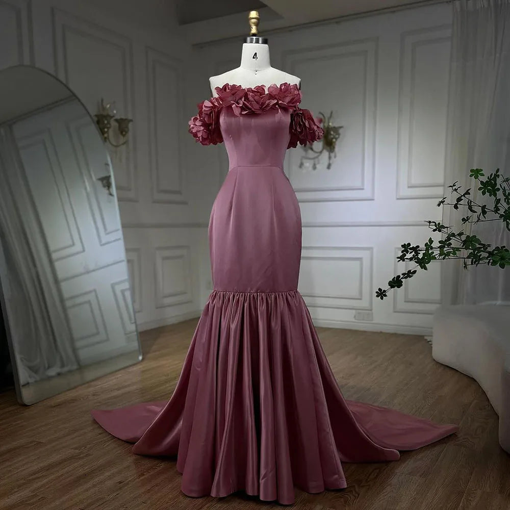 Vestidos de noche árabes de sirena rosa de satén sin tirantes, de lujo, de Dubái, con cuentas, para mujer, para boda, fiesta, LA72250 