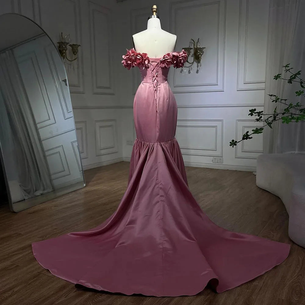 Vestidos de noche árabes de sirena rosa de satén sin tirantes, de lujo, de Dubái, con cuentas, para mujer, para boda, fiesta, LA72250 