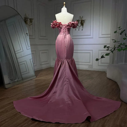 Vestidos de noche árabes de sirena rosa de satén sin tirantes, de lujo, de Dubái, con cuentas, para mujer, para boda, fiesta, LA72250 