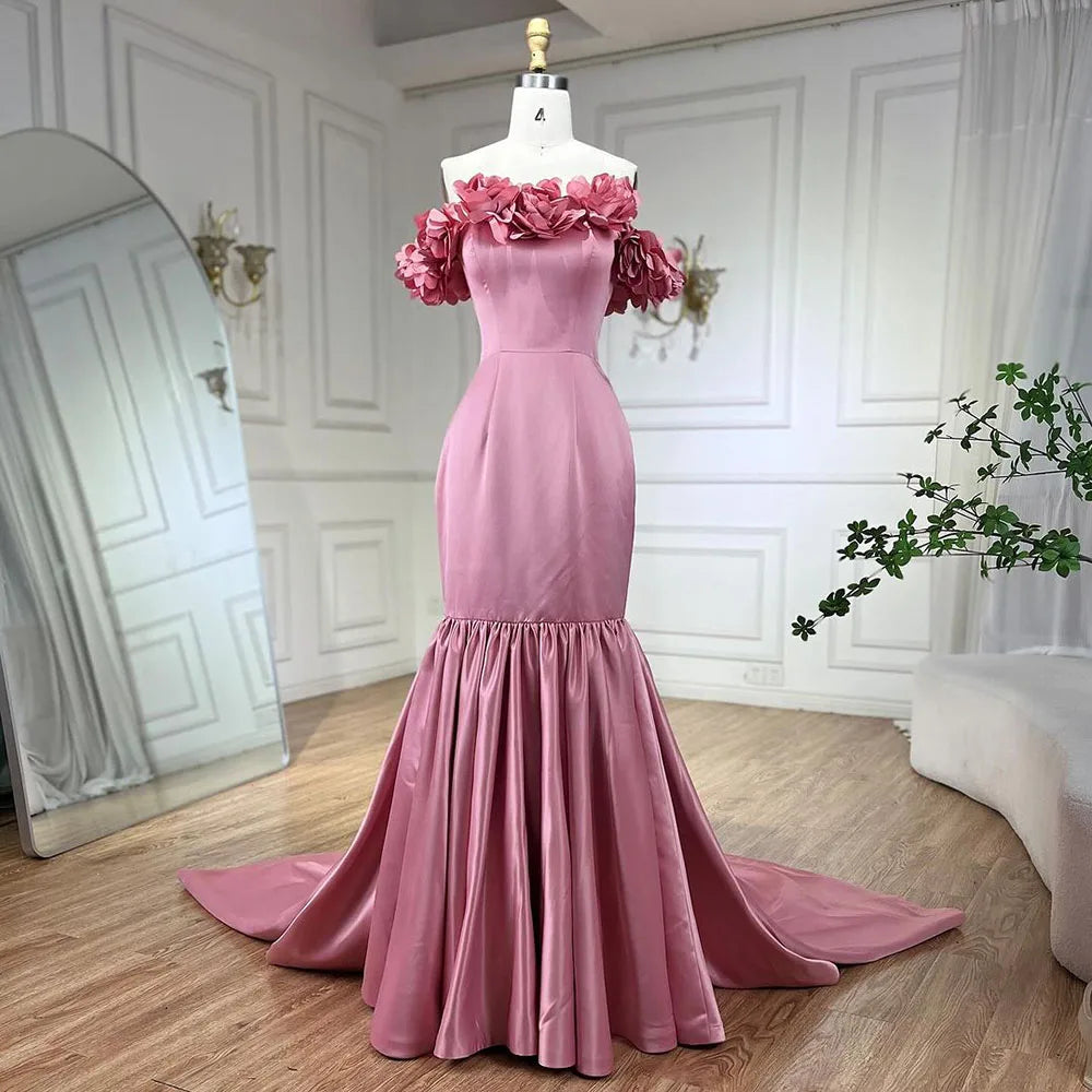 Vestidos de noche árabes de sirena rosa de satén sin tirantes, de lujo, de Dubái, con cuentas, para mujer, para boda, fiesta, LA72250 