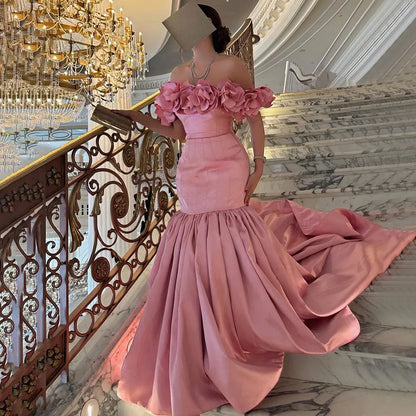 Vestidos de noche árabes de sirena rosa de satén sin tirantes, de lujo, de Dubái, con cuentas, para mujer, para boda, fiesta, LA72250 