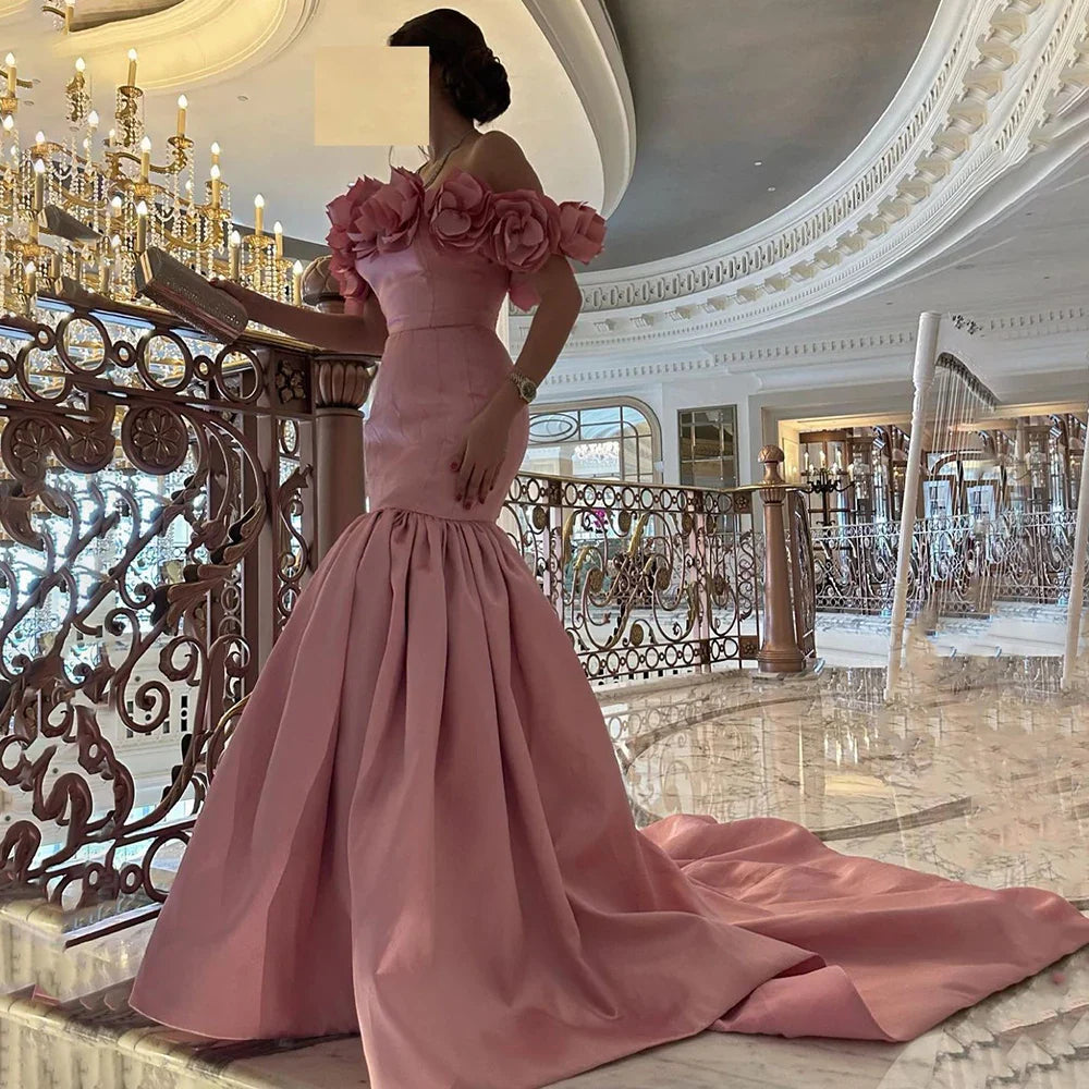 Vestidos de noche árabes de sirena rosa de satén sin tirantes, de lujo, de Dubái, con cuentas, para mujer, para boda, fiesta, LA72250 