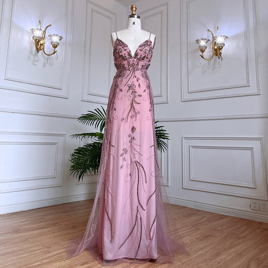 Vestido de noche largo estilo sirena árabe rosa, sexy, con tirantes finos y cuentas, para mujer, para boda, fiesta, LA71963 