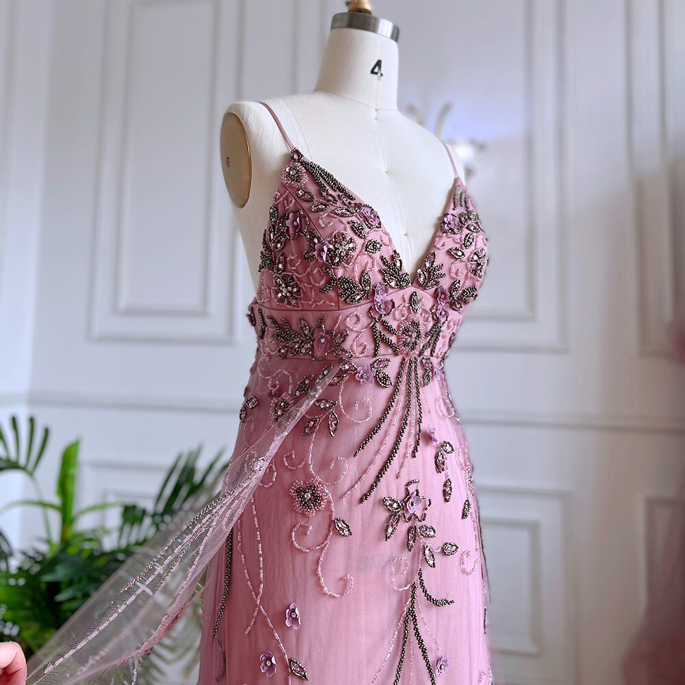 Arabic Pink Mermaid Sexy Spaghetti Straps Beaded Long Evening Dresses Gowns 2025 For Women Wedding Party LA71963