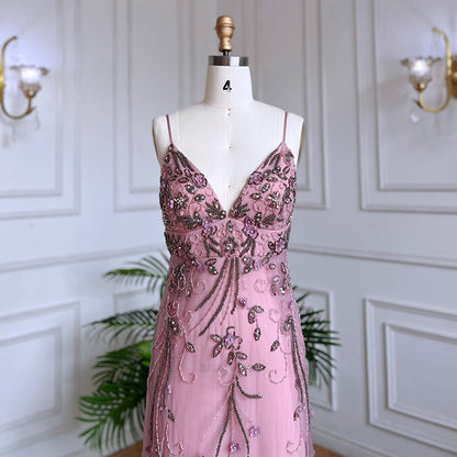 Vestido de noche largo estilo sirena árabe rosa, sexy, con tirantes finos y cuentas, para mujer, para boda, fiesta, LA71963 