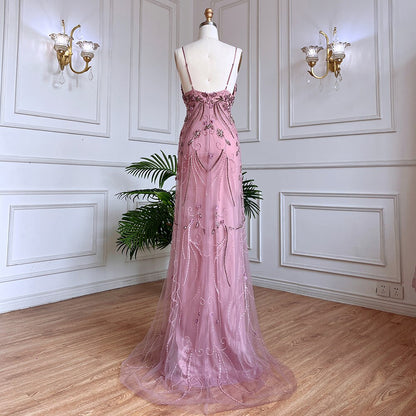 Vestido de noche largo estilo sirena árabe rosa, sexy, con tirantes finos y cuentas, para mujer, para boda, fiesta, LA71963 