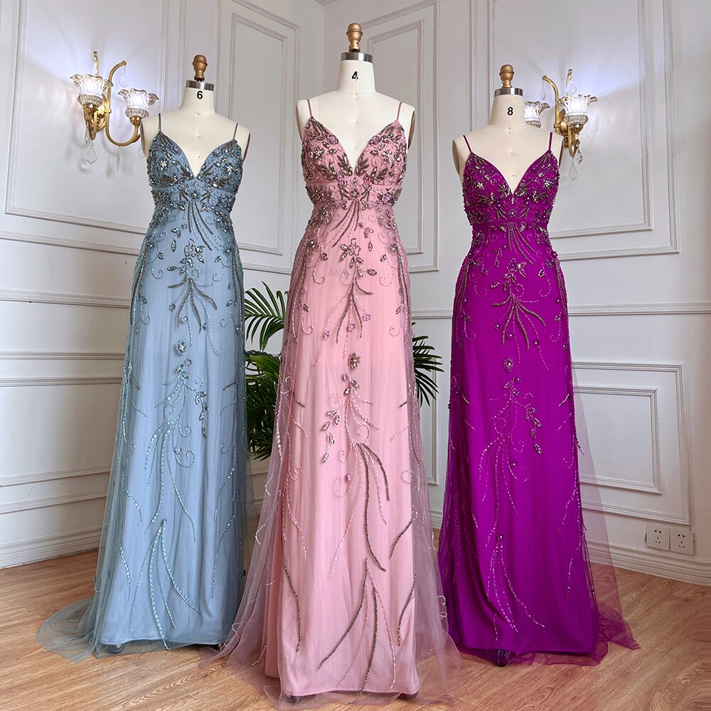 Arabic Pink Mermaid Sexy Spaghetti Straps Beaded Long Evening Dresses Gowns 2025 For Women Wedding Party LA71963