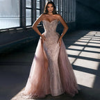 Vestidos de noche de lujo estilo sirena árabe rosa, sexys, sin tirantes, con cuentas, de Dubái, para mujer, para boda, fiesta, 2025, LA72201