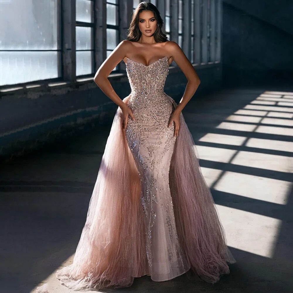 Vestidos de noche de lujo estilo sirena árabe rosa, sexys, sin tirantes, con cuentas, de Dubái, para mujer, para boda, fiesta, 2025, LA72201