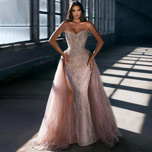 Vestidos de noche de lujo estilo sirena árabe rosa, sexys, sin tirantes, con cuentas, de Dubái, para mujer, para boda, fiesta, 2025, LA72201