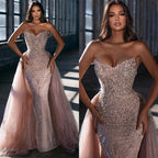 Vestidos de noche de lujo estilo sirena árabe rosa, sexys, sin tirantes, con cuentas, de Dubái, para mujer, para boda, fiesta, 2025, LA72201