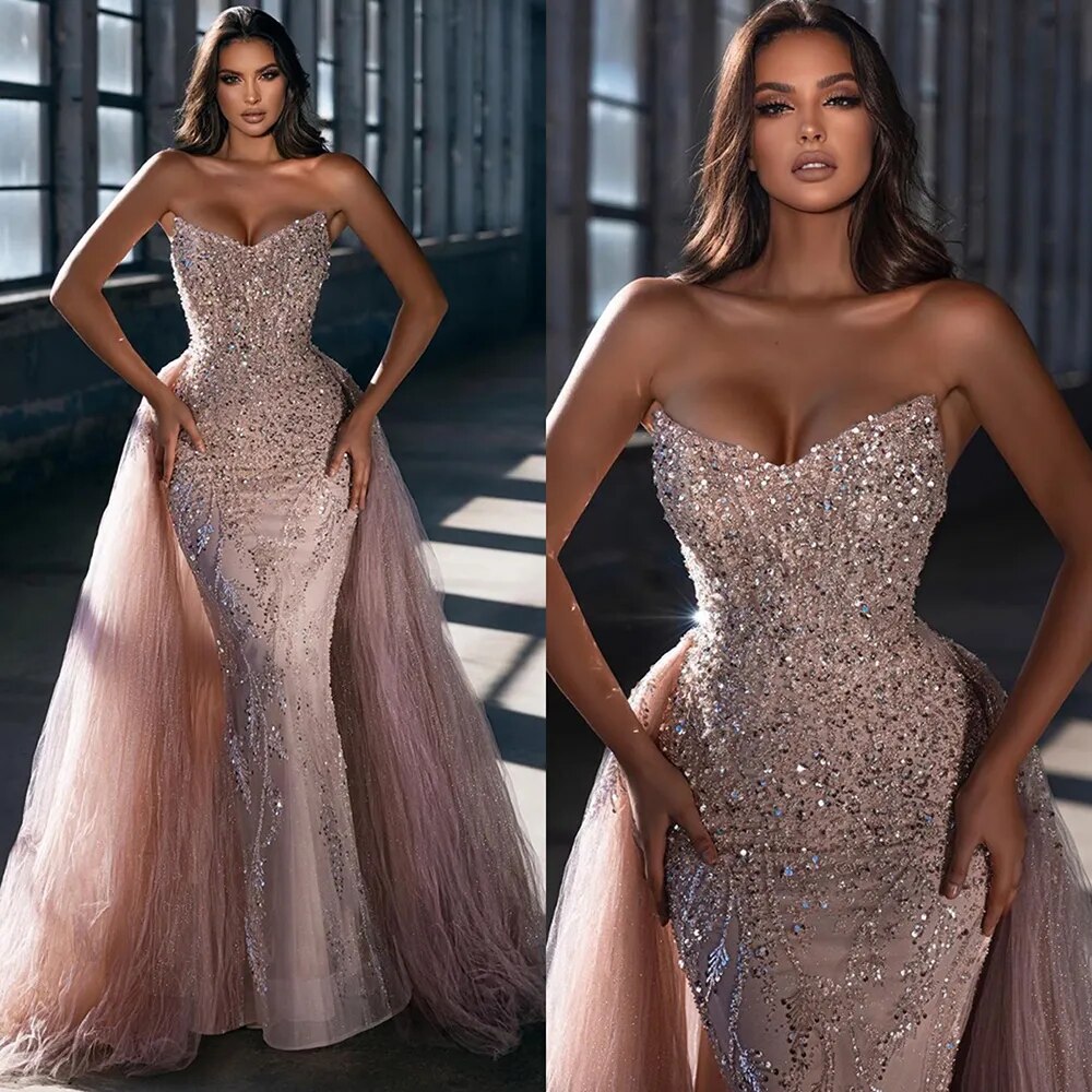 Arabic Pink Mermaid Sexy Strapless Beaded Dubai Luxury Evening Dresses Gowns For Women Wedding Party 2025 LA72201