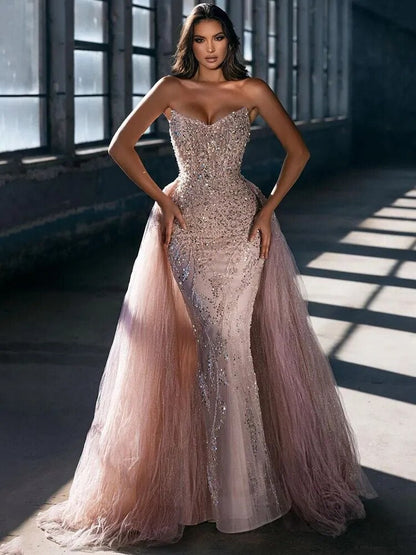 Vestidos de noche de lujo estilo sirena árabe rosa, sexys, sin tirantes, con cuentas, de Dubái, para mujer, para boda, fiesta, 2025, LA72201