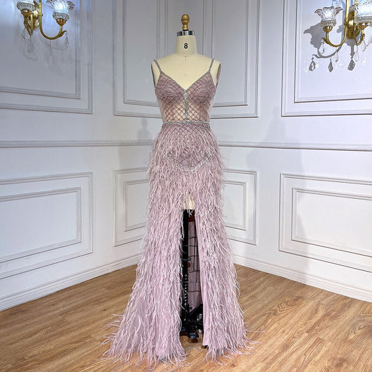 Vestido de fiesta formal sexy con cuentas y plumas divididas de sirena árabe rosa para mujer, fiesta de boda 2025 LA71827 