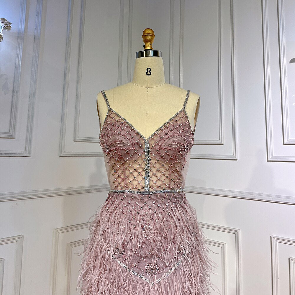 Vestido de fiesta formal sexy con cuentas y plumas divididas de sirena árabe rosa para mujer, fiesta de boda 2025 LA71827 