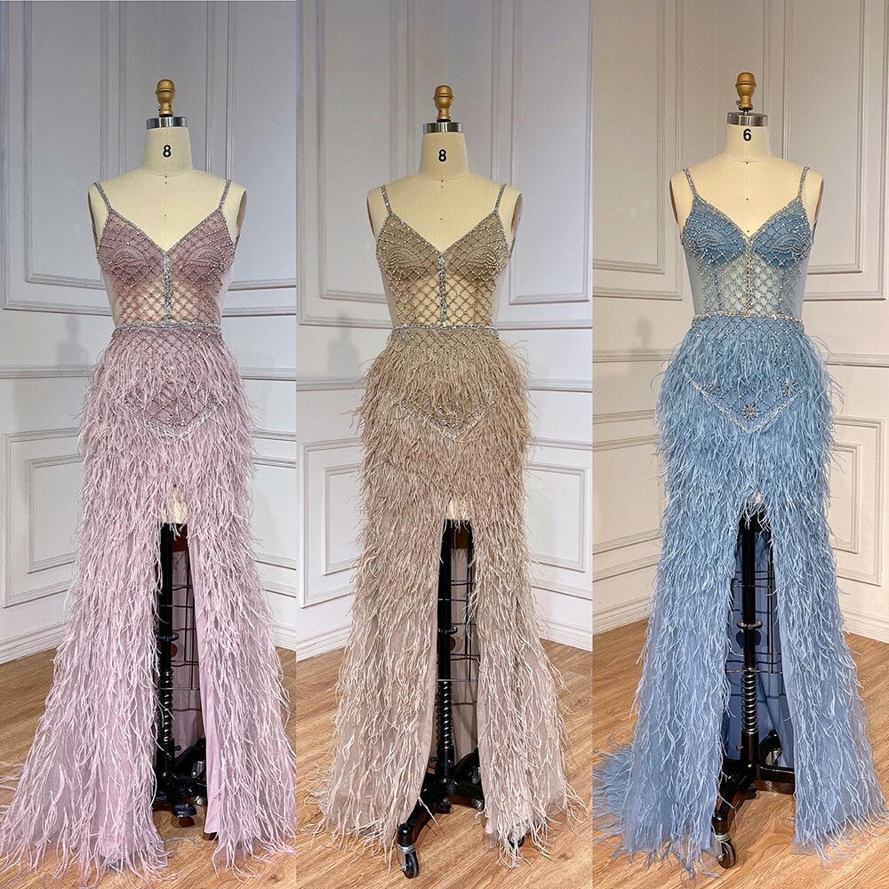 Arabic Pink Mermaid Split Feathers Beaded Formal Sexy Prom Dress For Women Wedding Party 2025 LA71827