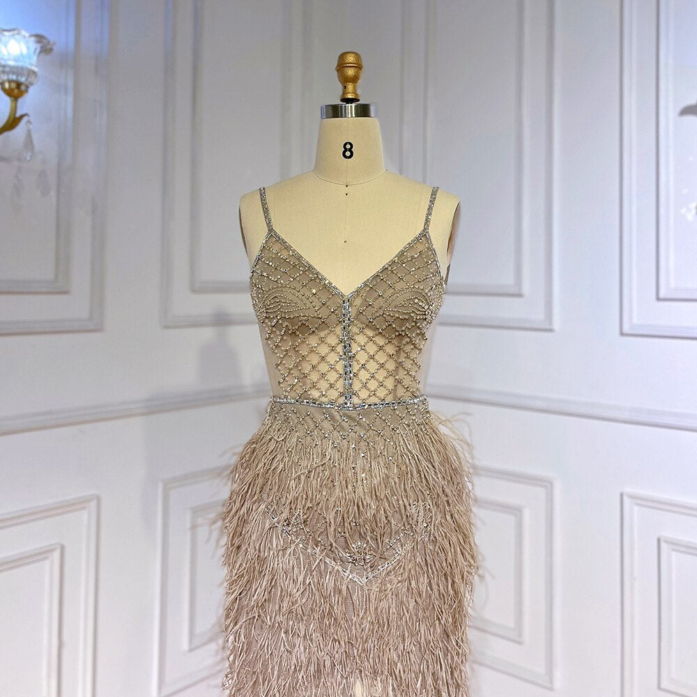 Vestido de fiesta formal sexy con cuentas y plumas divididas de sirena árabe rosa para mujer, fiesta de boda 2025 LA71827 