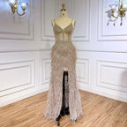 Arabisch Rosa Meerjungfrau Split Federn Perlen Formale Sexy Prom Kleid Für Frauen Hochzeit Party 2025 LA71827 