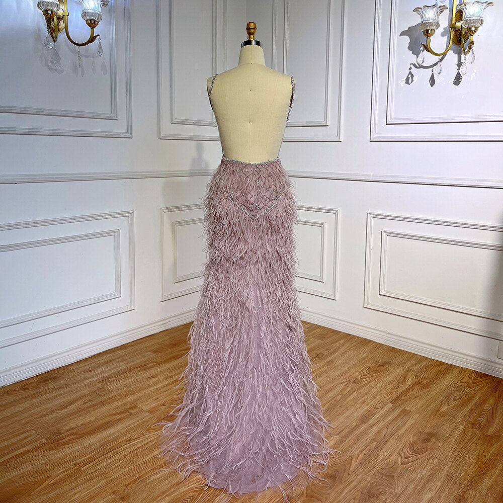 Vestido de fiesta formal sexy con cuentas y plumas divididas de sirena árabe rosa para mujer, fiesta de boda 2025 LA71827 