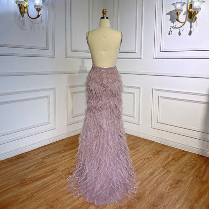 Vestido de fiesta formal sexy con cuentas y plumas divididas de sirena árabe rosa para mujer, fiesta de boda 2025 LA71827 