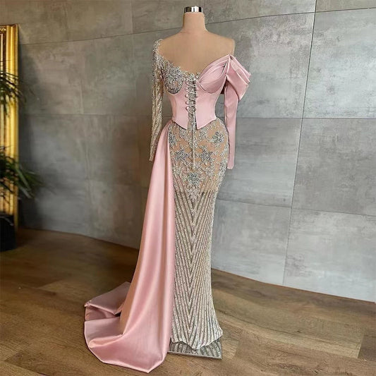 Elegante vestido de noche árabe de satén rosa con corte sirena y sobrefalda con cuentas, para mujer, boda, fiesta, LA71946 