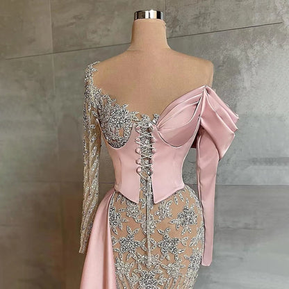 Arabisch Rosa Satin Meerjungfrau Elegant Mit Überrock Perlen Abendkleider Kleider 2025 Für Frauen Hochzeit Party LA71946 