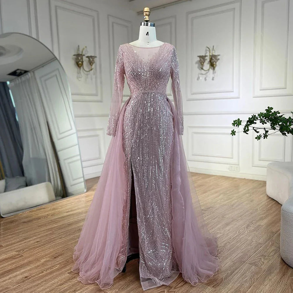 Vestidos de noche árabes de sirena con sobrefalda y cuentas, color rosa, de lujo, para bodas de mujer, LA72584 