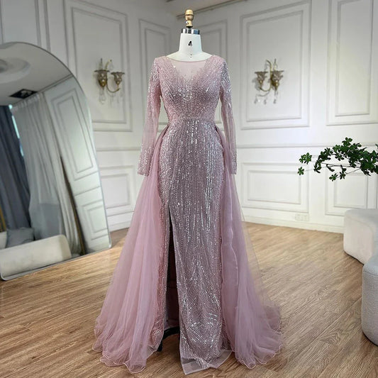 Vestidos de noche árabes de sirena con sobrefalda y cuentas, color rosa, de lujo, para bodas de mujer, LA72584 
