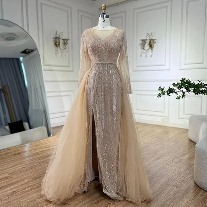 Vestidos de noche árabes de sirena con sobrefalda y cuentas, color rosa, de lujo, para bodas de mujer, LA72584 