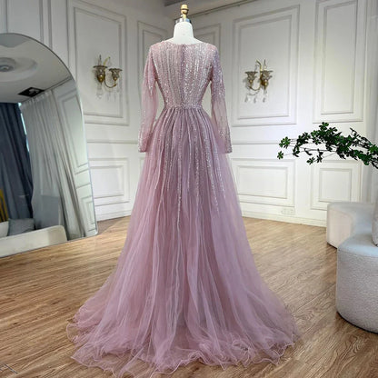 Vestidos de noche árabes de sirena con sobrefalda y cuentas, color rosa, de lujo, para bodas de mujer, LA72584 