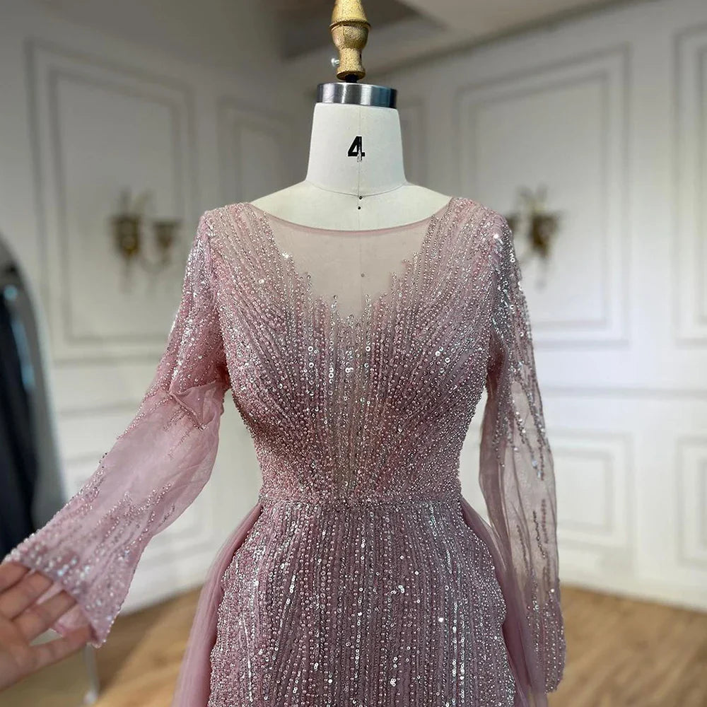 Vestidos de noche árabes de sirena con sobrefalda y cuentas, color rosa, de lujo, para bodas de mujer, LA72584 