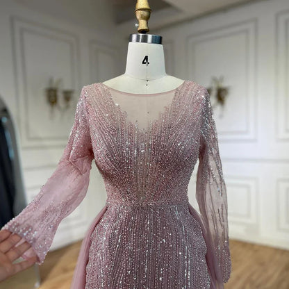 Vestidos de noche árabes de sirena con sobrefalda y cuentas, color rosa, de lujo, para bodas de mujer, LA72584 