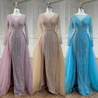 Vestidos de noche árabes de sirena con sobrefalda y cuentas, color rosa, de lujo, para bodas de mujer, LA72584 