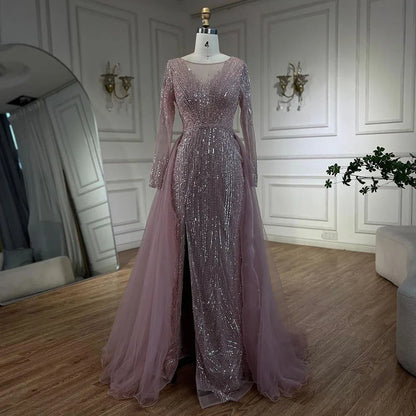 Vestidos de noche árabes de sirena con sobrefalda y cuentas, color rosa, de lujo, para bodas de mujer, LA72584 