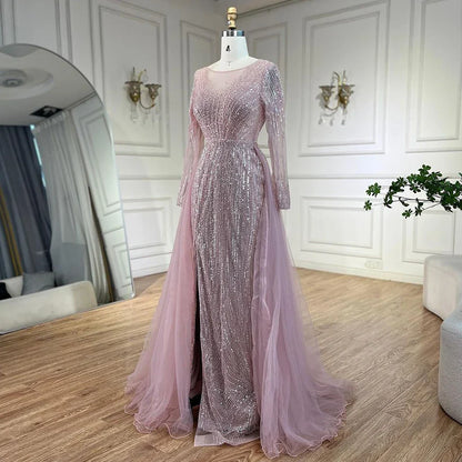 Vestidos de noche árabes de sirena con sobrefalda y cuentas, color rosa, de lujo, para bodas de mujer, LA72584 