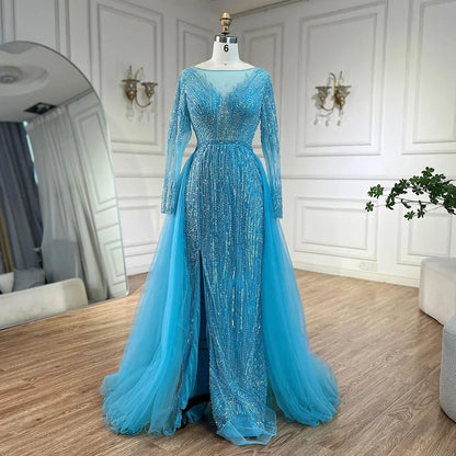 Vestidos de noche árabes de sirena con sobrefalda y cuentas, color rosa, de lujo, para bodas de mujer, LA72584 