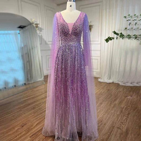 Vestido de noche largo árabe morado con escote en V, corte A, mangas capa y cuentas, para mujer, para boda, fiesta, 2025, LA72143 