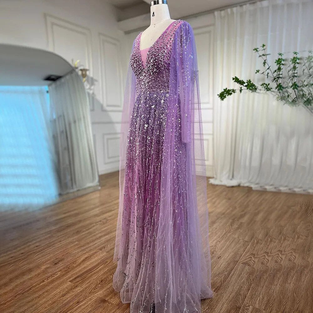 Vestido de noche largo árabe morado con escote en V, corte A, mangas capa y cuentas, para mujer, para boda, fiesta, 2025, LA72143 