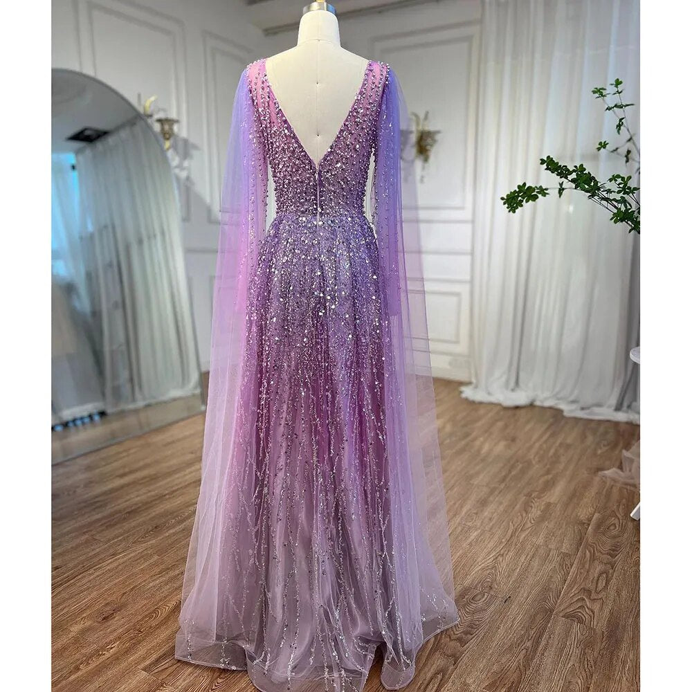 Vestido de noche largo árabe morado con escote en V, corte A, mangas capa y cuentas, para mujer, para boda, fiesta, 2025, LA72143 