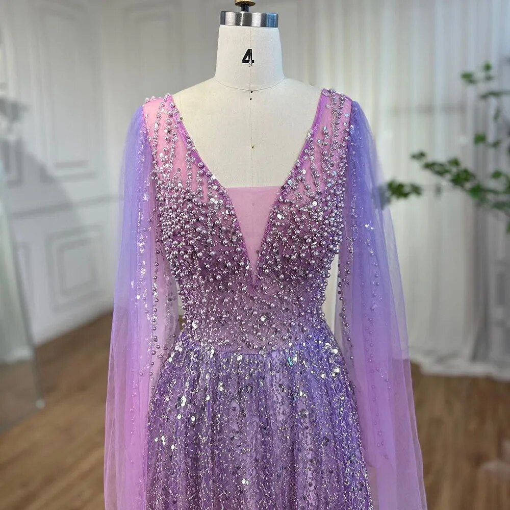 Vestido de noche largo árabe morado con escote en V, corte A, mangas capa y cuentas, para mujer, para boda, fiesta, 2025, LA72143 