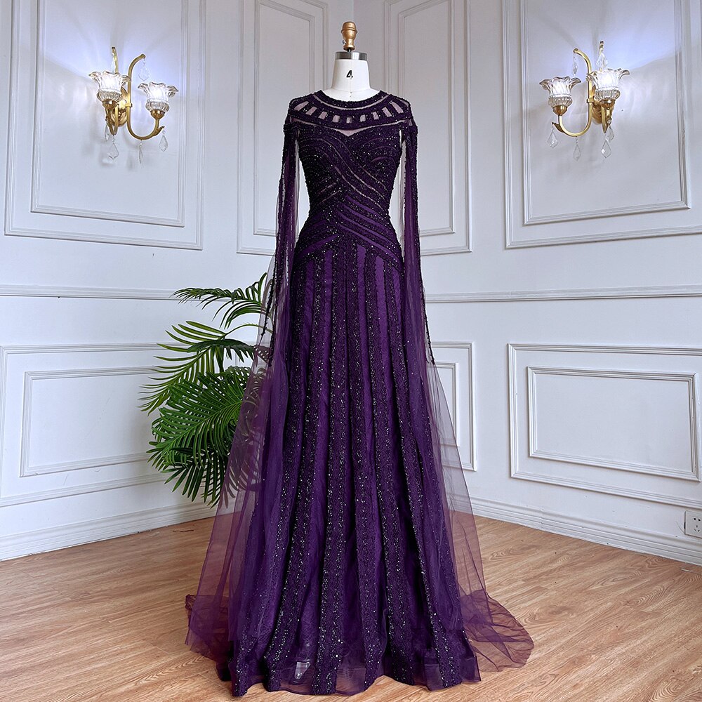 Arabic Purple Elegant Mermaid Cape Sleeves Lace Beaded Evening Dresses Gowns 2025 For Women Wedding Party LA71926