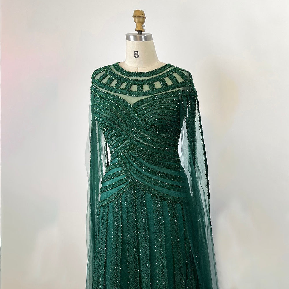Arabic Purple Elegant Mermaid Cape Sleeves Lace Beaded Evening Dresses Gowns 2025 For Women Wedding Party LA71926