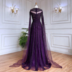Vestido de noche elegante de sirena morada con mangas estilo capa y encaje con cuentas, estilo árabe, para mujer, para fiesta de bodas, LA71926 