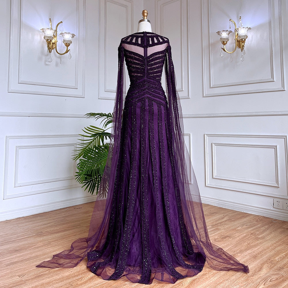 Vestido de noche elegante de sirena morada con mangas estilo capa y encaje con cuentas, estilo árabe, para mujer, para fiesta de bodas, LA71926 