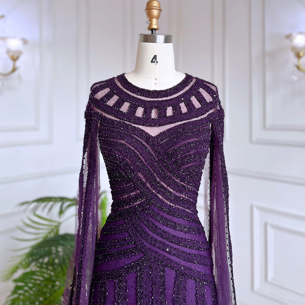 Vestido de noche elegante de sirena morada con mangas estilo capa y encaje con cuentas, estilo árabe, para mujer, para fiesta de bodas, LA71926 