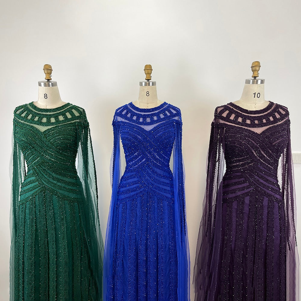 Arabic Purple Elegant Mermaid Cape Sleeves Lace Beaded Evening Dresses Gowns 2025 For Women Wedding Party LA71926