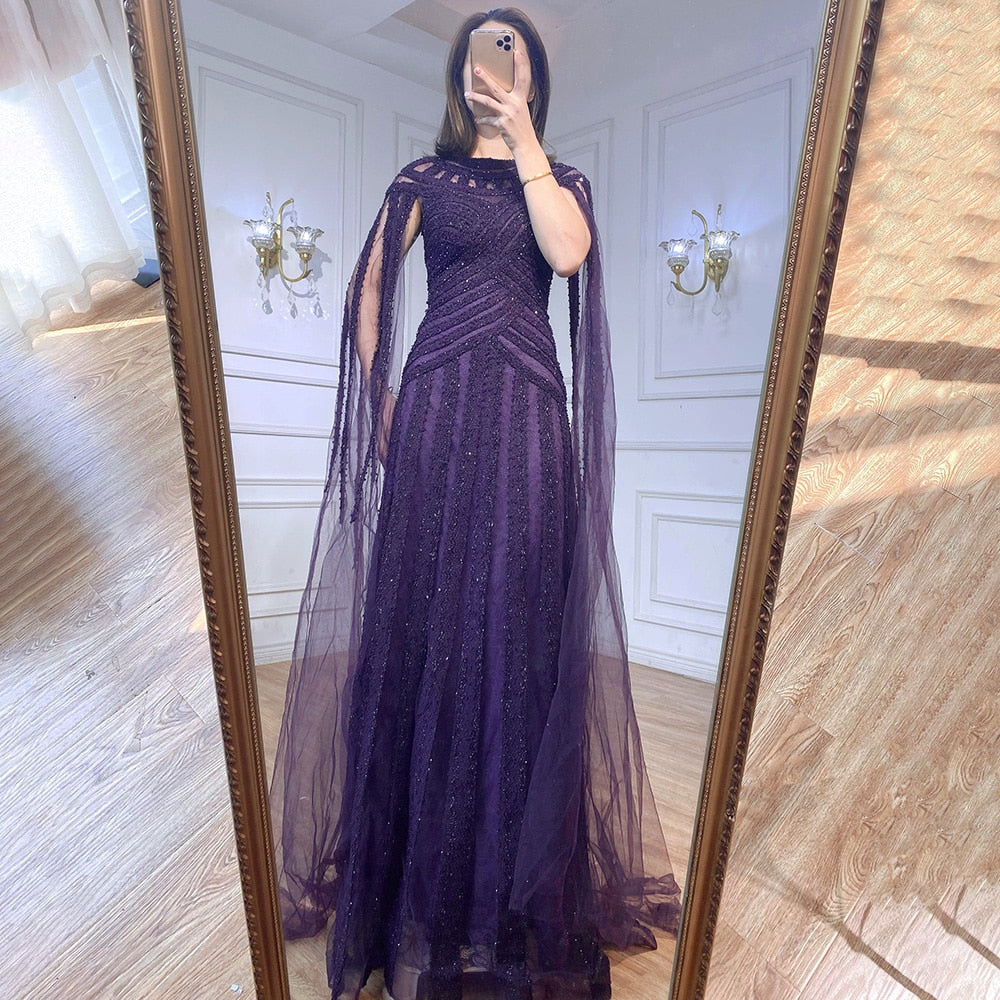 Arabic Purple Elegant Mermaid Cape Sleeves Lace Beaded Evening Dresses Gowns 2025 For Women Wedding Party LA71926